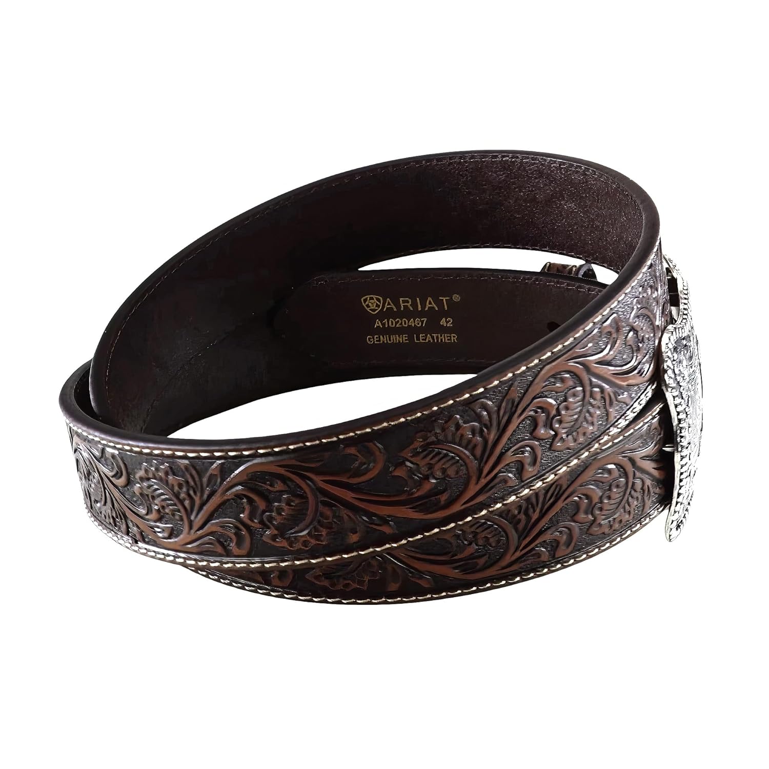 ARIAT Men's Floral Embossed Leather Belt with Antiqued Silver Cowboy Buckle