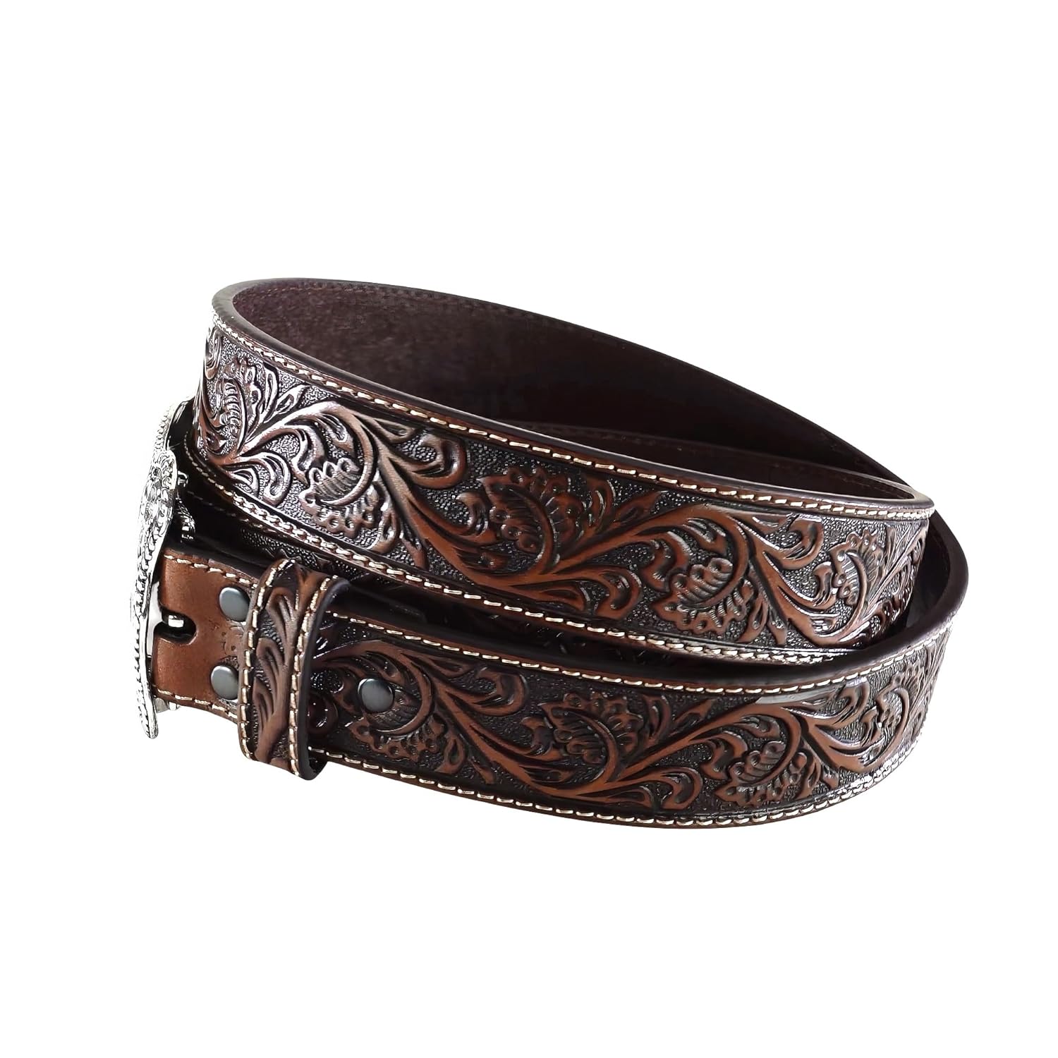 ARIAT Men's Floral Embossed Leather Belt with Antiqued Silver Cowboy Buckle