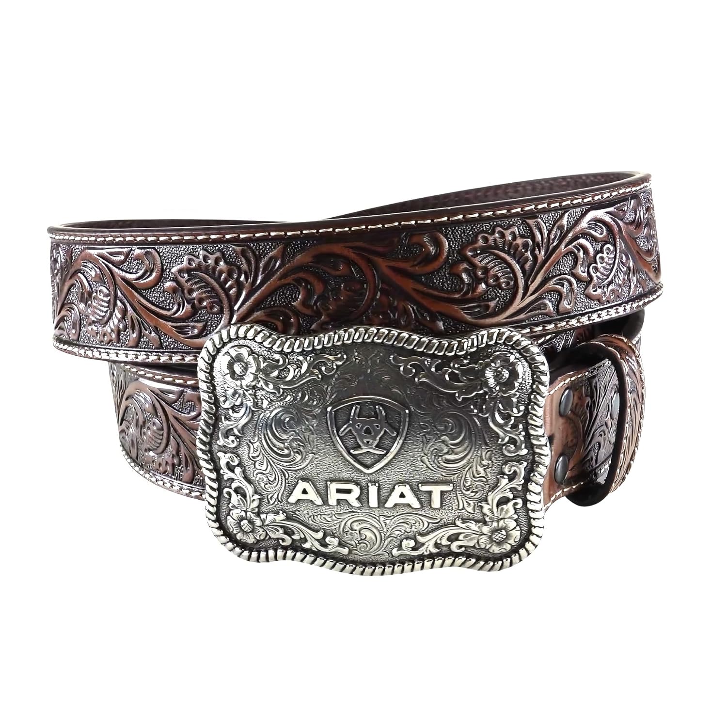 ARIAT Men's Floral Embossed Leather Belt with Antiqued Silver Cowboy Buckle