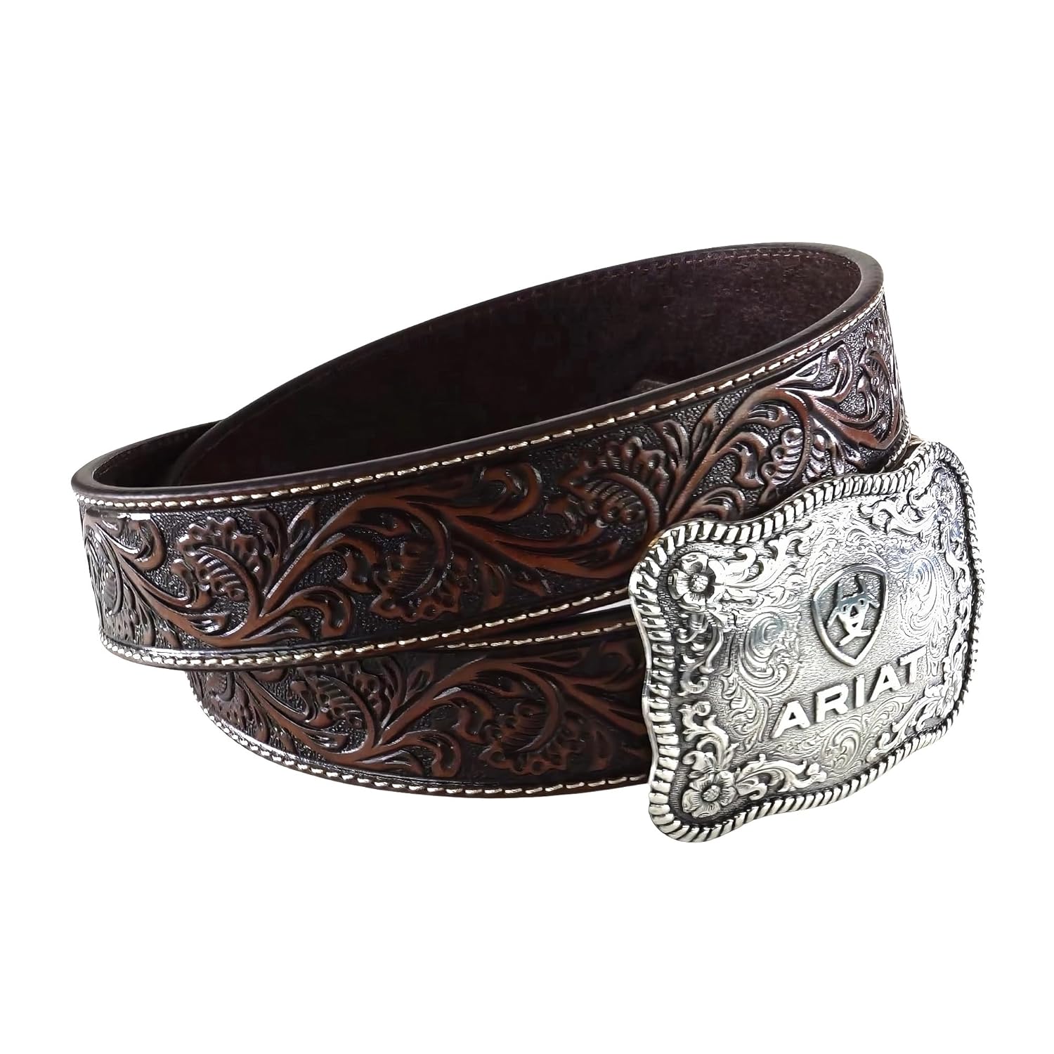 ARIAT Men's Floral Embossed Leather Belt with Antiqued Silver Cowboy Buckle