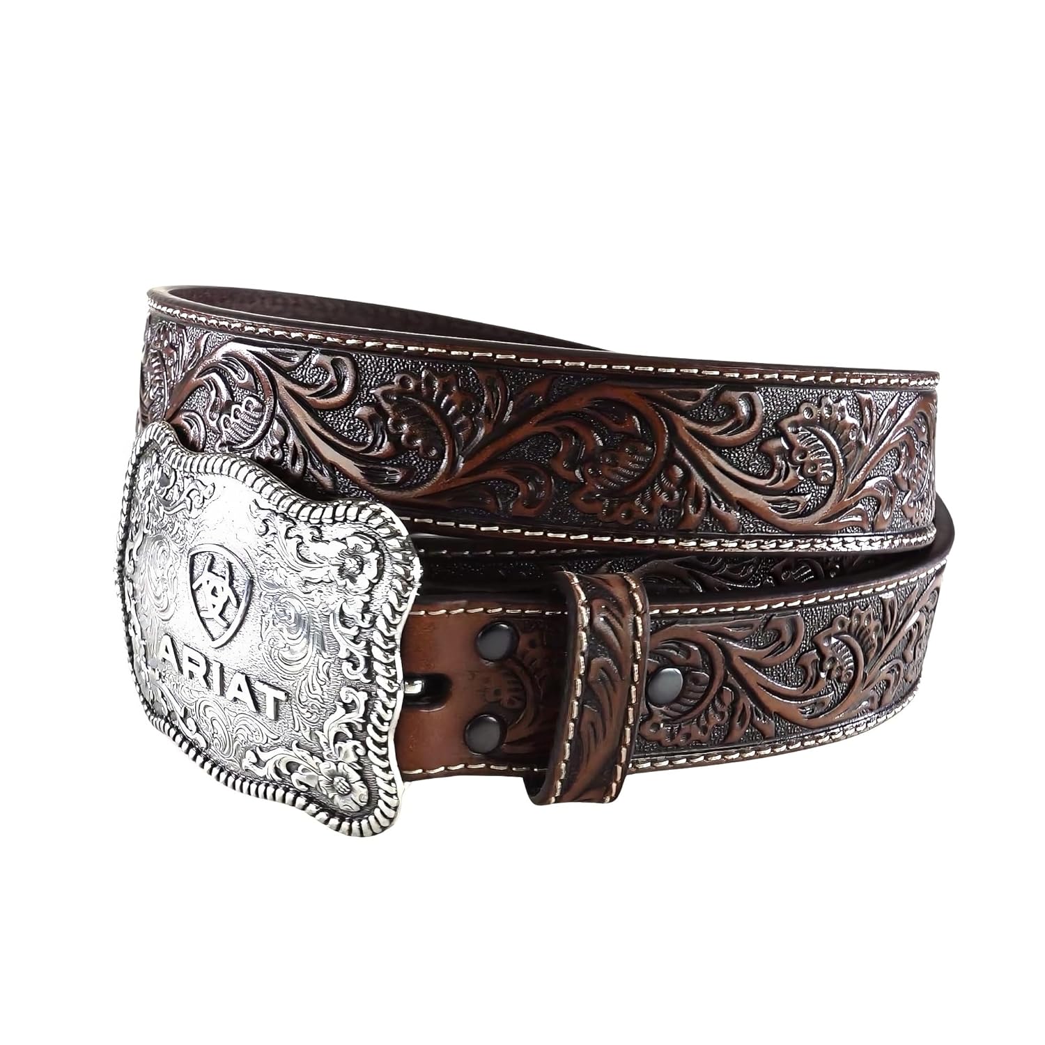 ARIAT Men's Floral Embossed Leather Belt with Antiqued Silver Cowboy Buckle